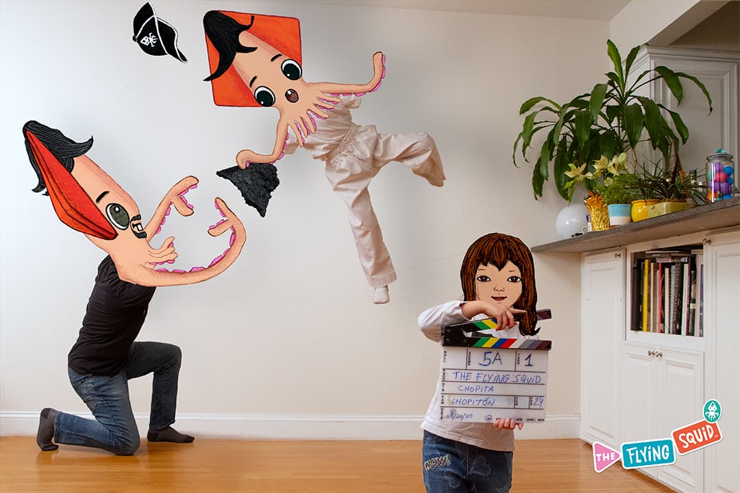 The Flying Squid, his sister and father making a home movie.