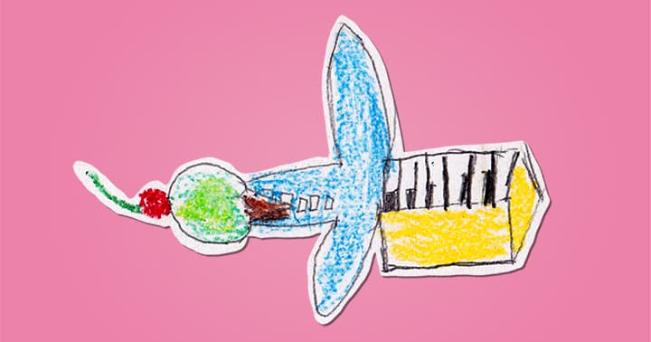 A drawing of an airplane-piano-icecream-cone-cherry.