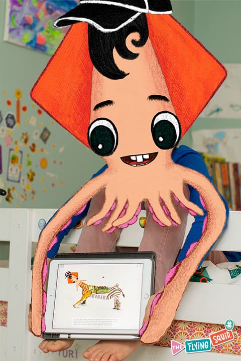 Chopito, the Flying Squid, holding an iPad with the App "you and the Flying Squid" On Mystery Island